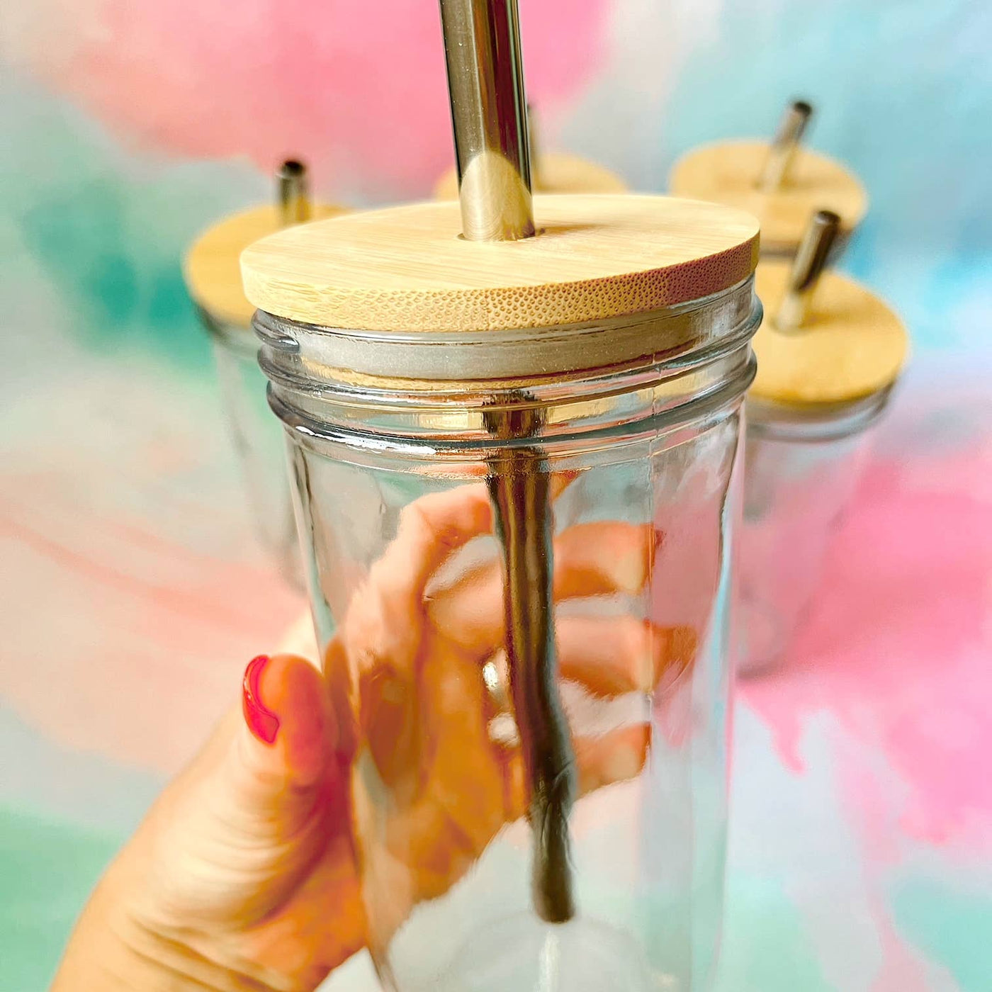 Blank Mason Jar Cups with Bamboo Lid and Stainless Steel Straw