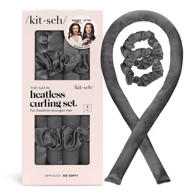 grey, satin covered foam rod with sartin hair ties for heatless curls